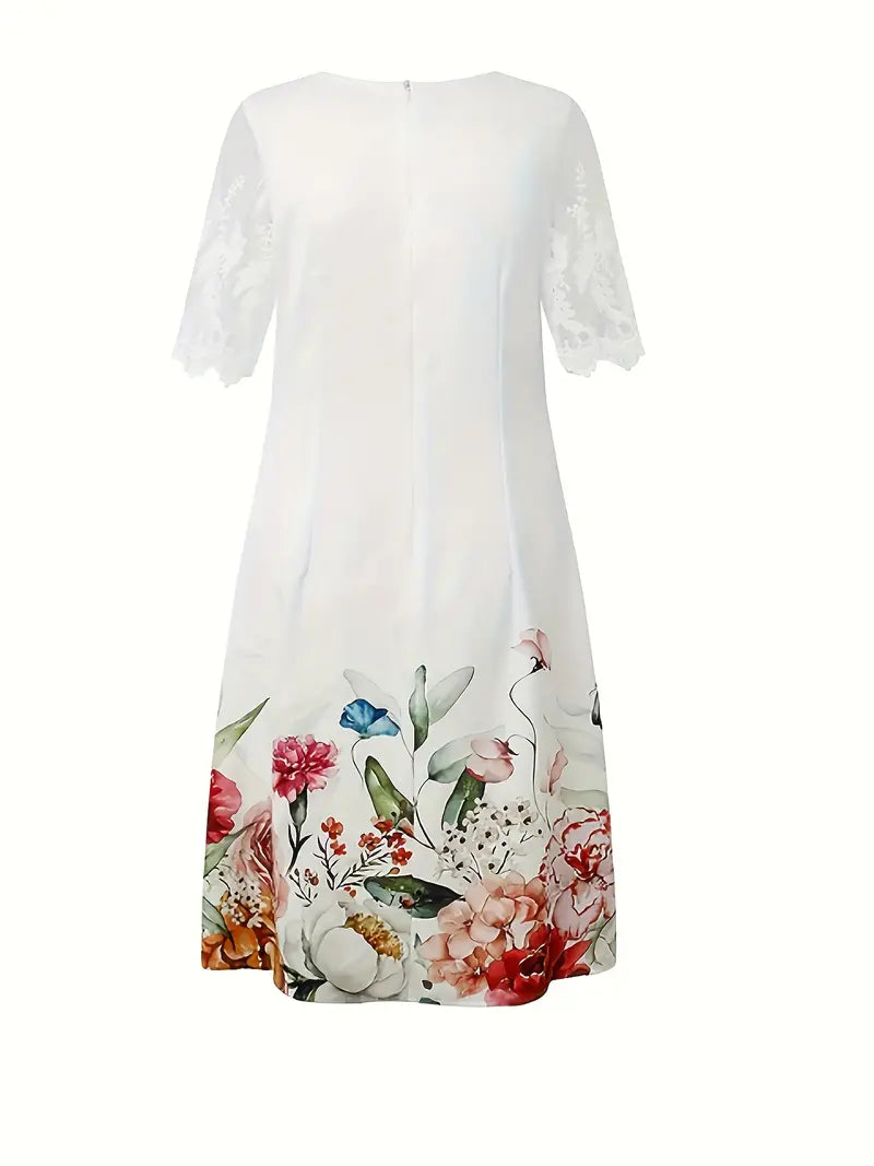 Vestido com costura de renda com estampa floral, vestido elegante de manga curta com gola redonda para primavera e verão