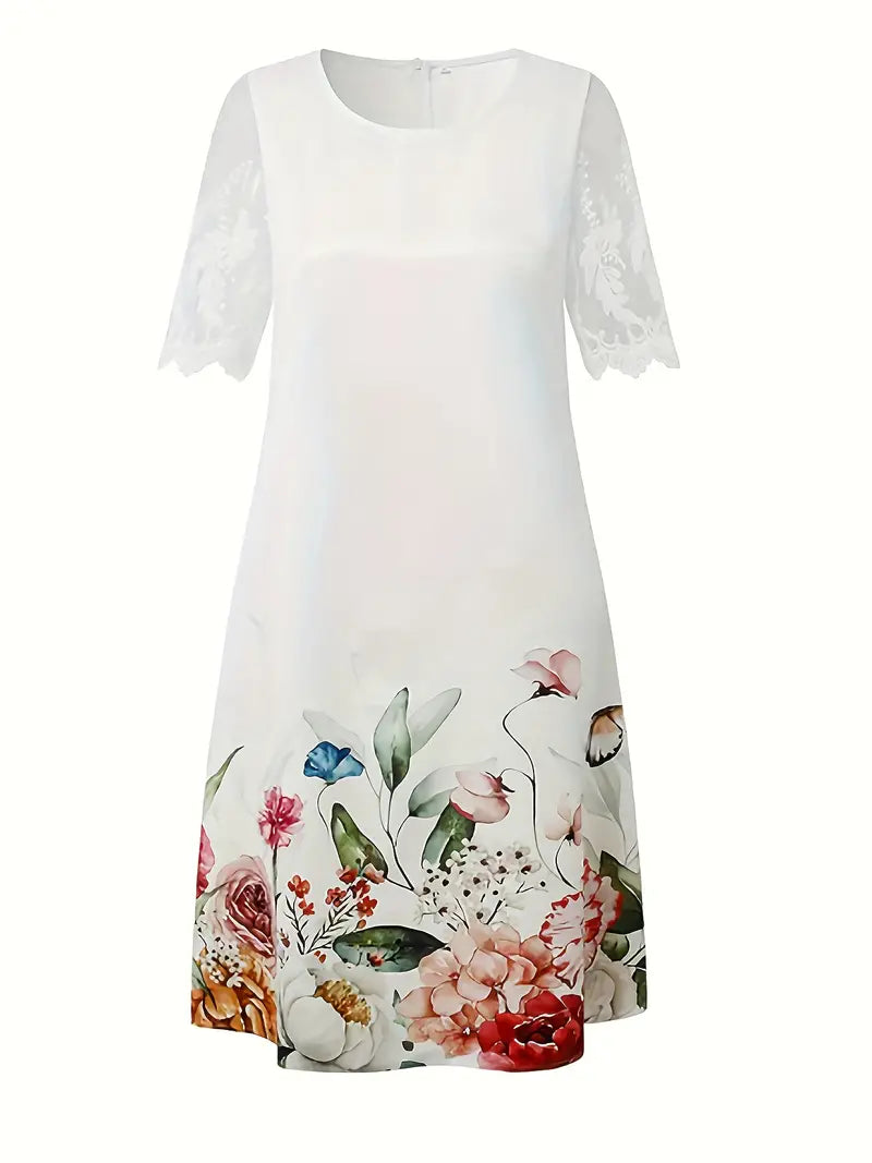 Vestido com costura de renda com estampa floral, vestido elegante de manga curta com gola redonda para primavera e verão