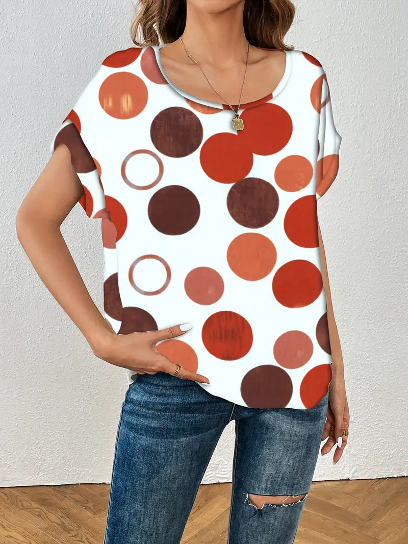 Blusa de bolinhas com gola redonda, blusa casual de manga curta e confortável de verão