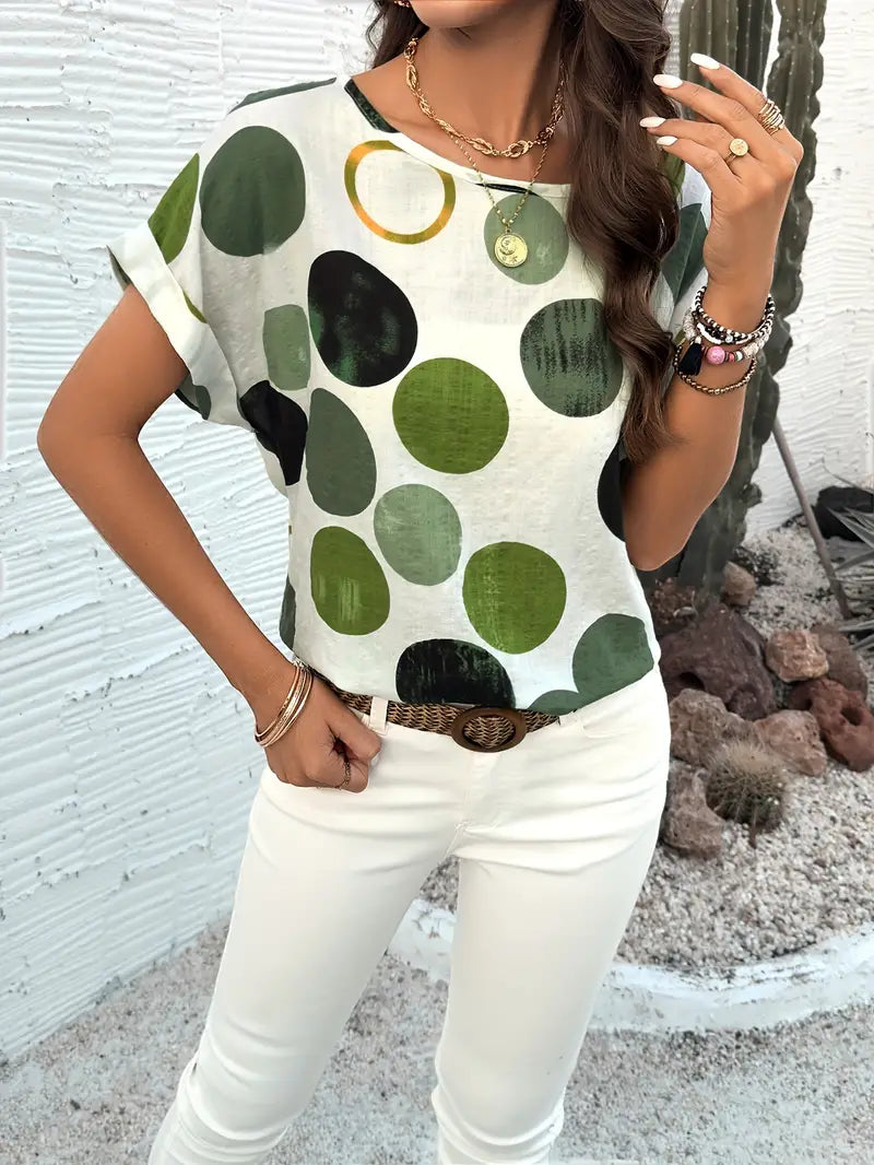 Blusa de bolinhas com gola redonda, blusa casual de manga curta e confortável de verão