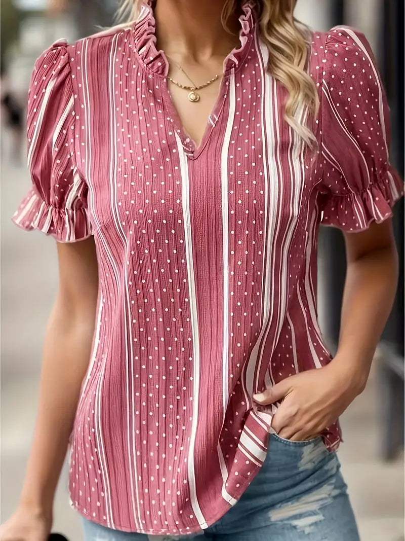 Blusa listrada com babados e blusa elegante com decote em V e manga bufante