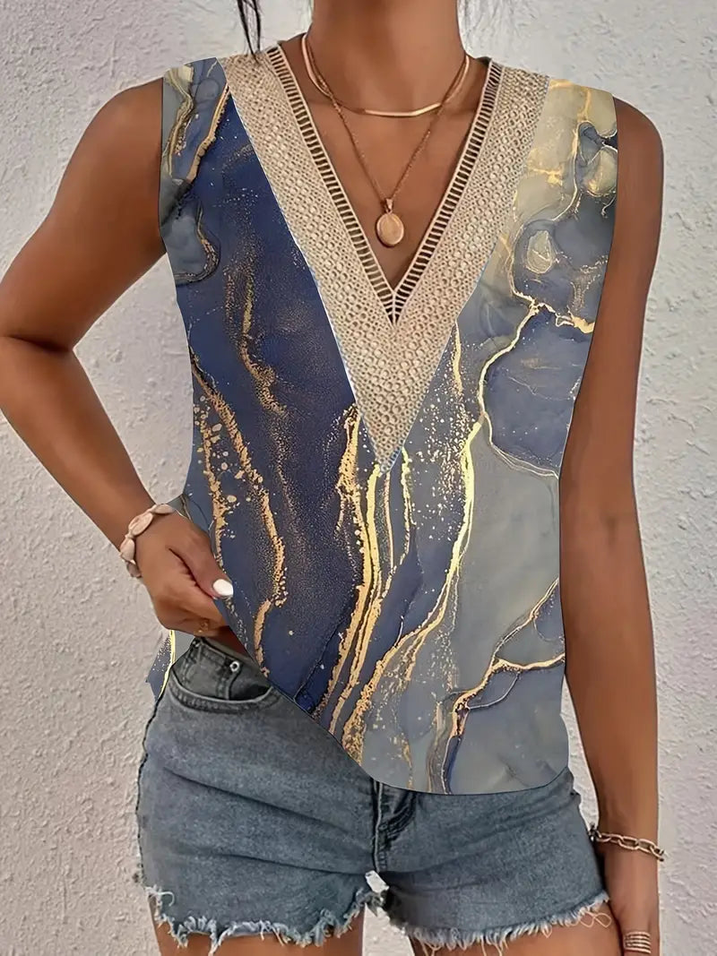 Blusa de renda Guipure sem mangas para o verão