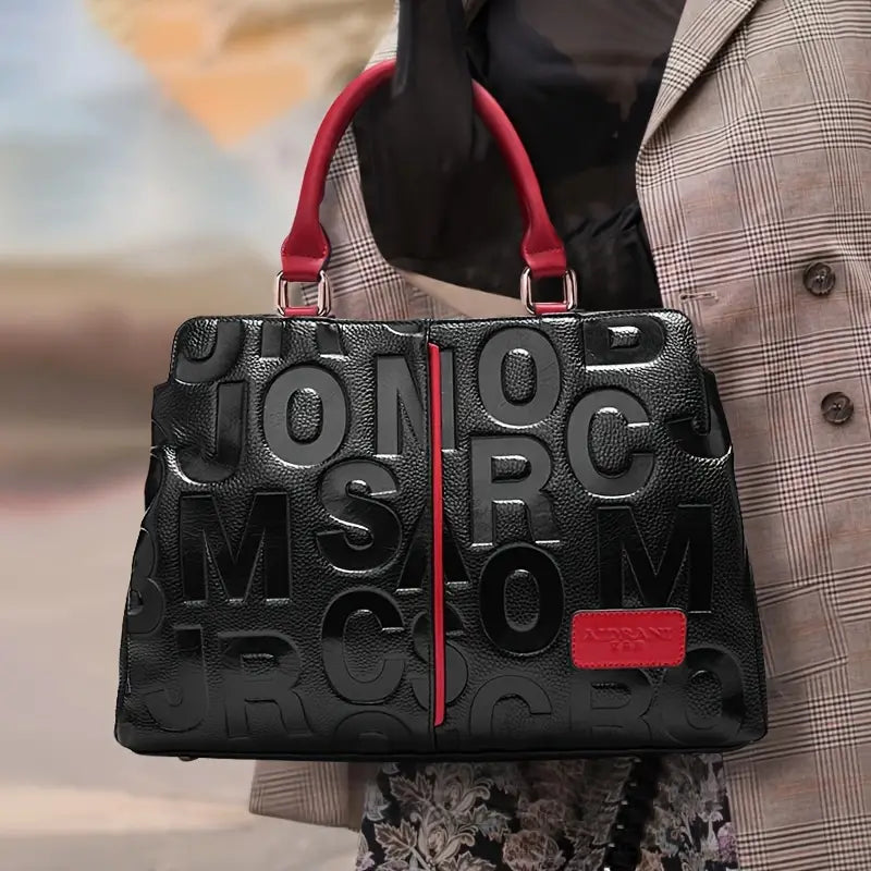 Bolsa de couro genuíno, bolsa de mão com letras de luxo em relevo, bolsa grande de moda com alça superior