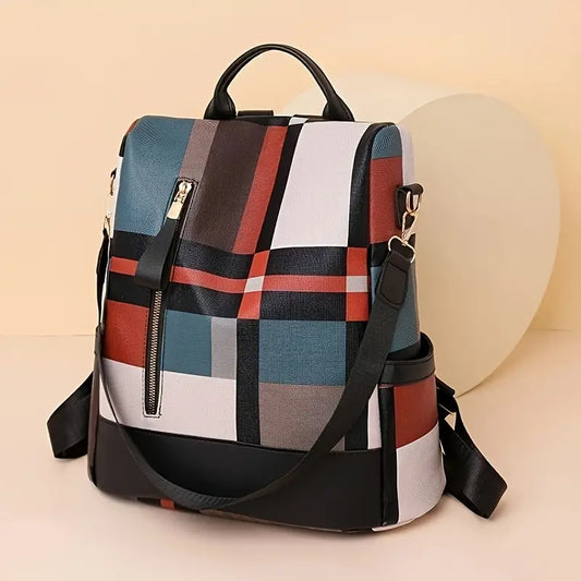 Bolsa de mochila com estampa xadrez da moda, mochila de viagem conversível antirroubo, mochila escolar casual feminina