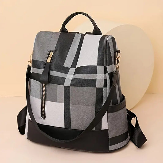 Bolsa de mochila com estampa xadrez da moda, mochila de viagem conversível antirroubo, mochila escolar casual feminina