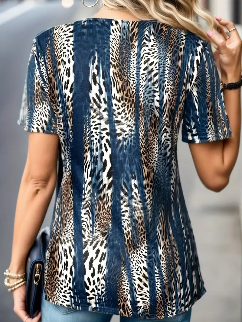 Camiseta franzida com estampa de leopardo,  blusa casual de manga curta