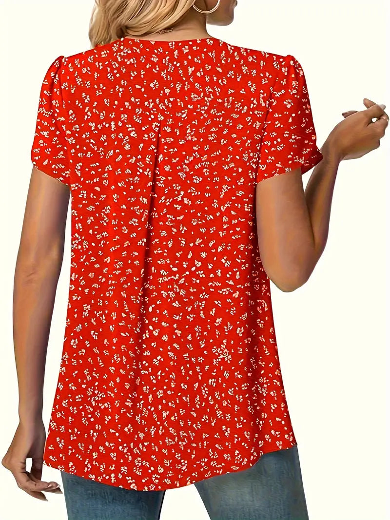 Blusa com estampa floral com decote em V, blusa casual manga pétala