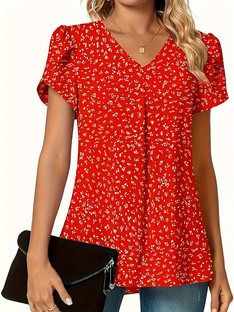 Blusa com estampa floral com decote em V, blusa casual manga pétala