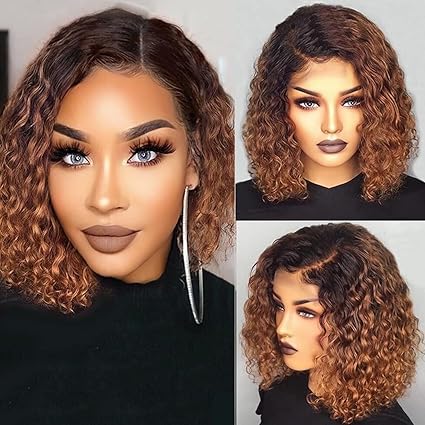 Peruca de cabelo humano encaracolado ombré marrom bob, preto natural com marrom, estilo cacheados para mulheres