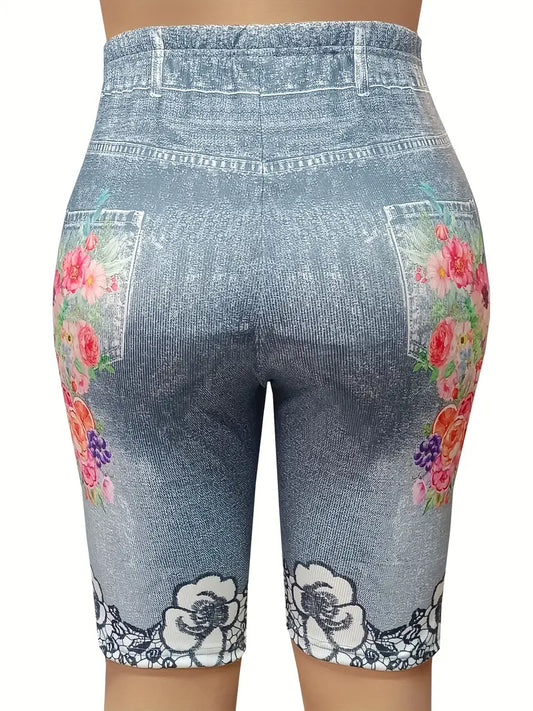 Bermuda colante elásticas de Jeans com estampa floral - Tamanho Grande