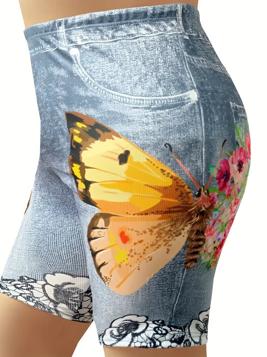 Bermuda colante elásticas de Jeans com estampa floral - Tamanho Grande