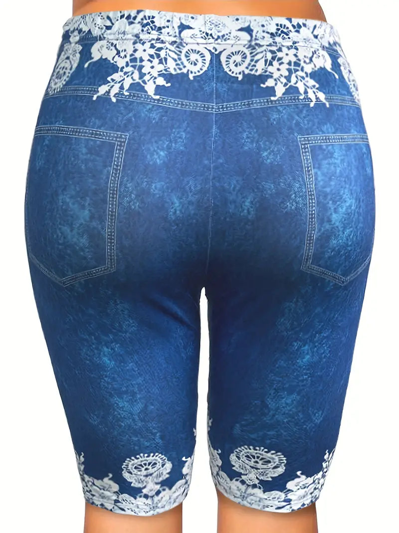 Bermuda colante elásticas de Jeans com estampa floral - Tamanho Grande