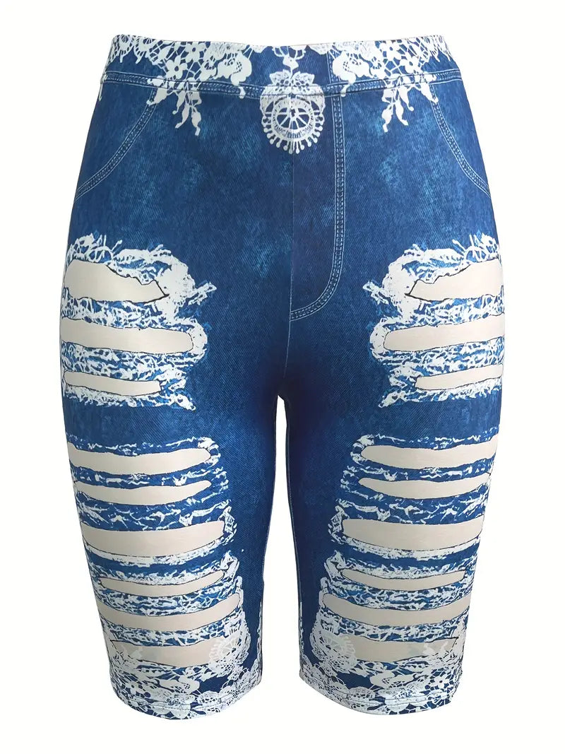 Bermuda colante elásticas de Jeans com estampa floral - Tamanho Grande