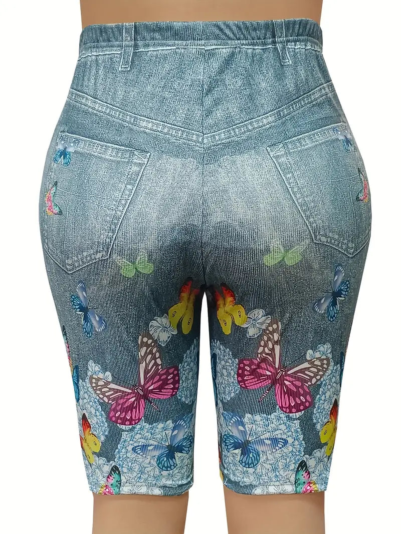 Bermuda colante elásticas de Jeans com estampa floral - Tamanho Grande