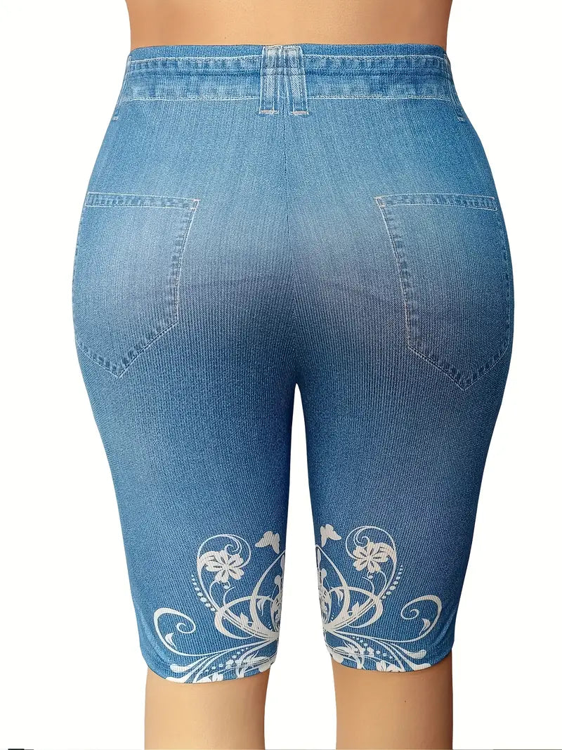 Bermuda colante elásticas de Jeans com estampa floral - Tamanho Grande