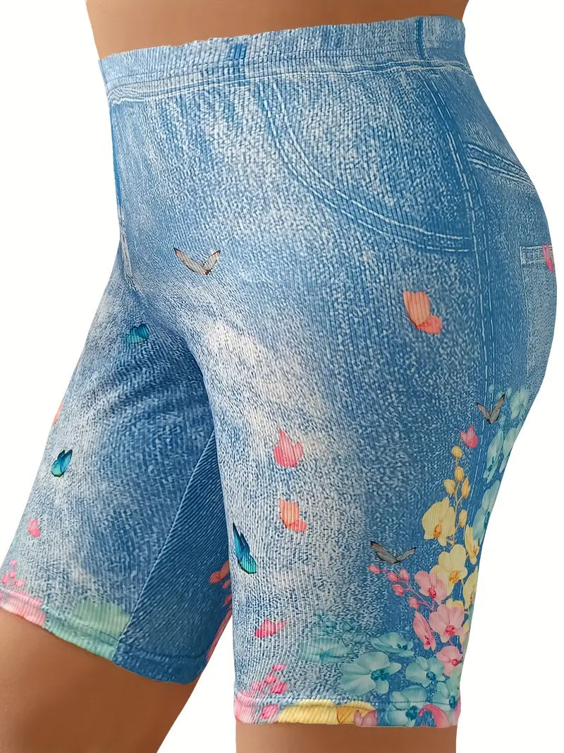 Bermuda colante elásticas de Jeans com estampa floral - Tamanho Grande