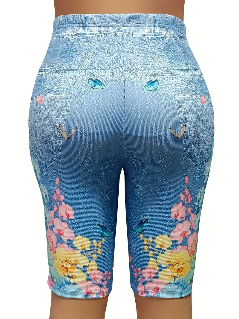 Bermuda colante elásticas de Jeans com estampa floral - Tamanho Grande