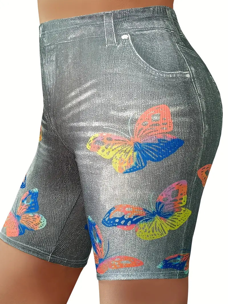 Bermuda colante elásticas de Jeans com estampa floral - Tamanho Grande