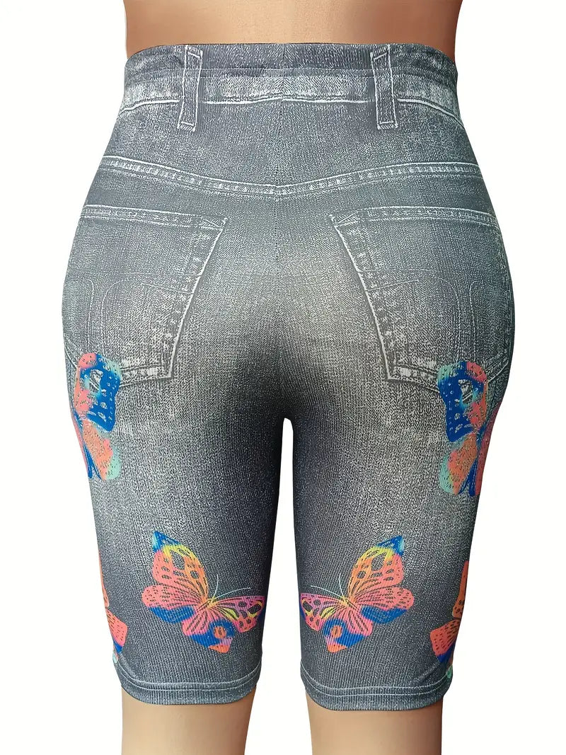 Bermuda colante elásticas de Jeans com estampa floral - Tamanho Grande