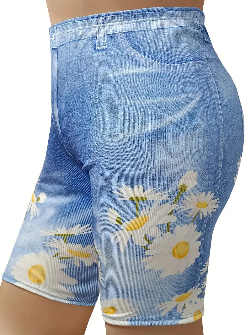 Bermuda colante elásticas de Jeans com estampa floral - Tamanho Grande