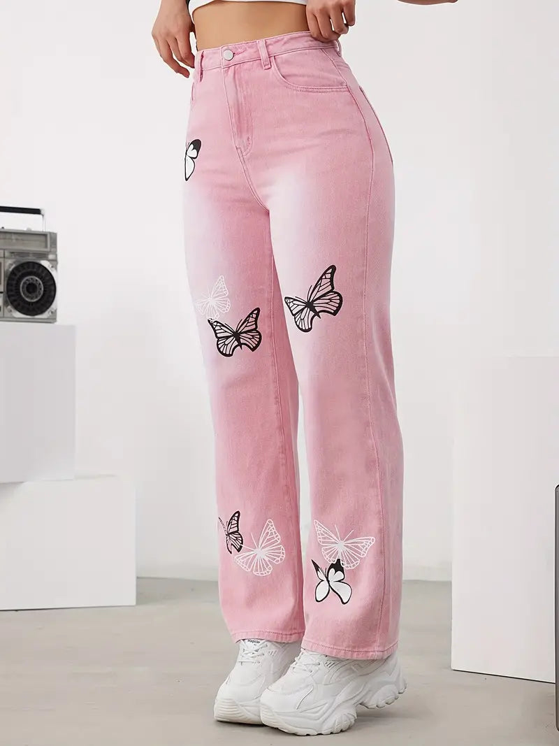 Calça jeans reta casual com estampa de borboleta, calça jeans com bolsos inclinados e ajuste solto, calça jeans feminina