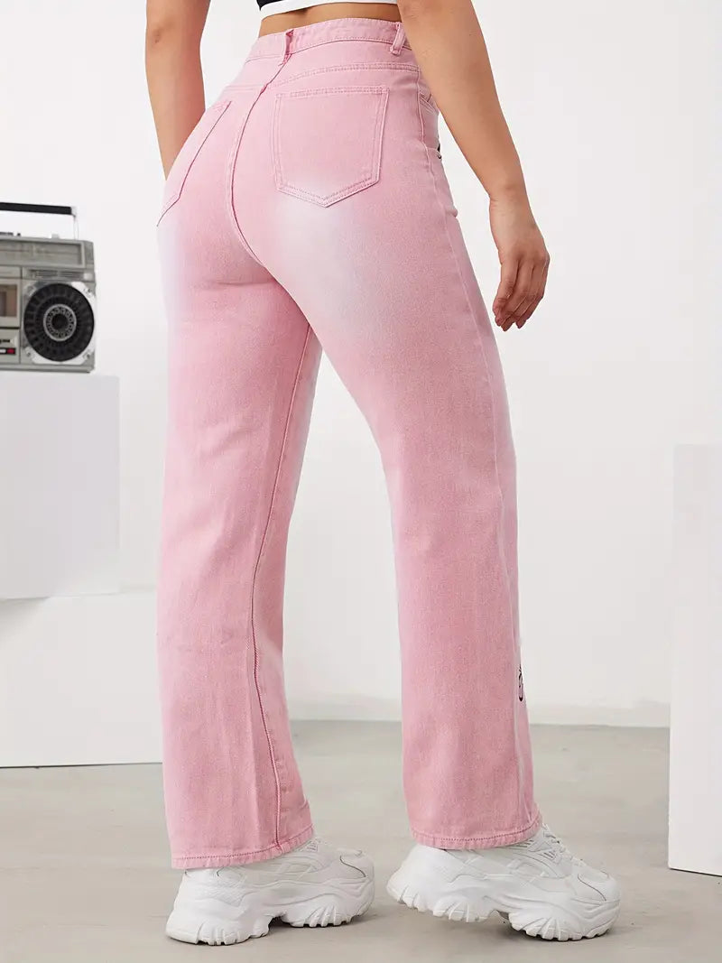 Calça jeans reta casual com estampa de borboleta, calça jeans com bolsos inclinados e ajuste solto, calça jeans feminina