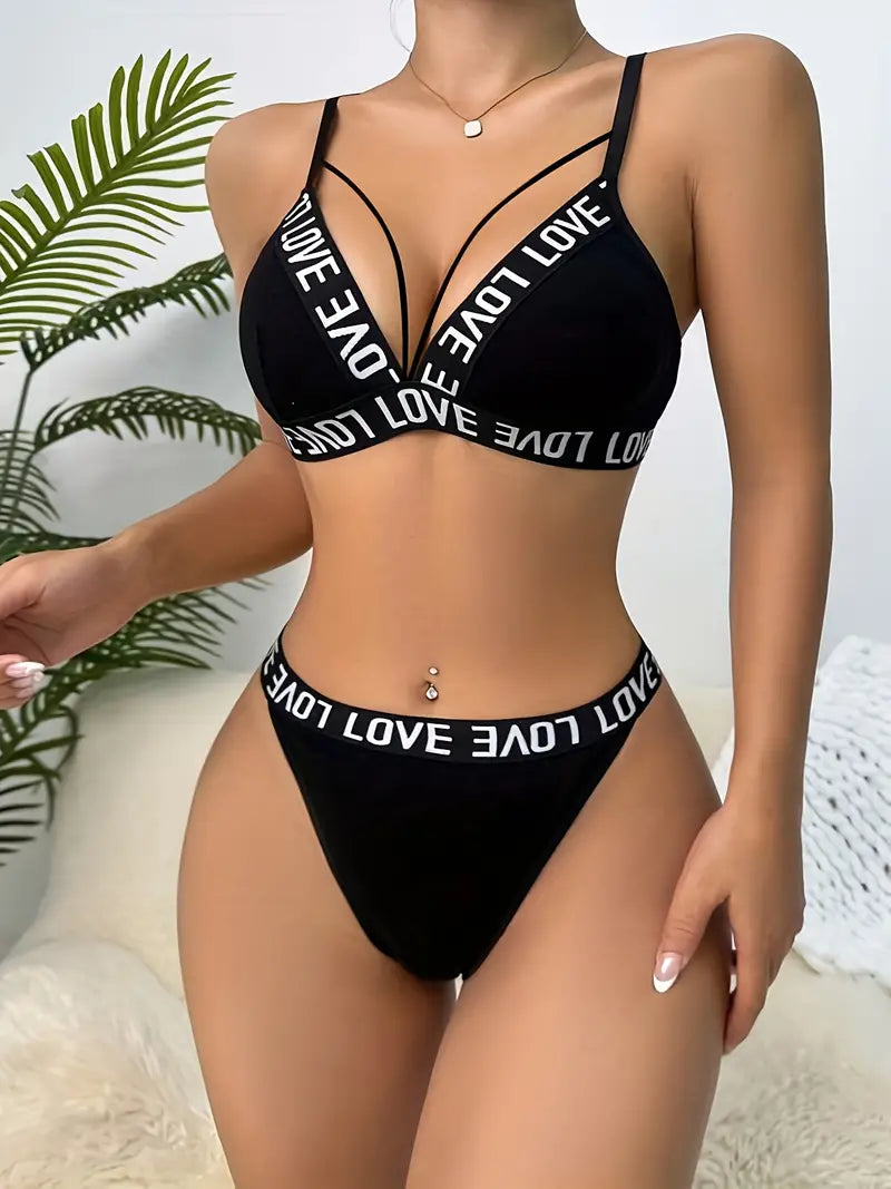 Conjunto de lingerie sexy com  tecido de malha de algodão com elastano, conjuntos de cílios pretos não transparentes