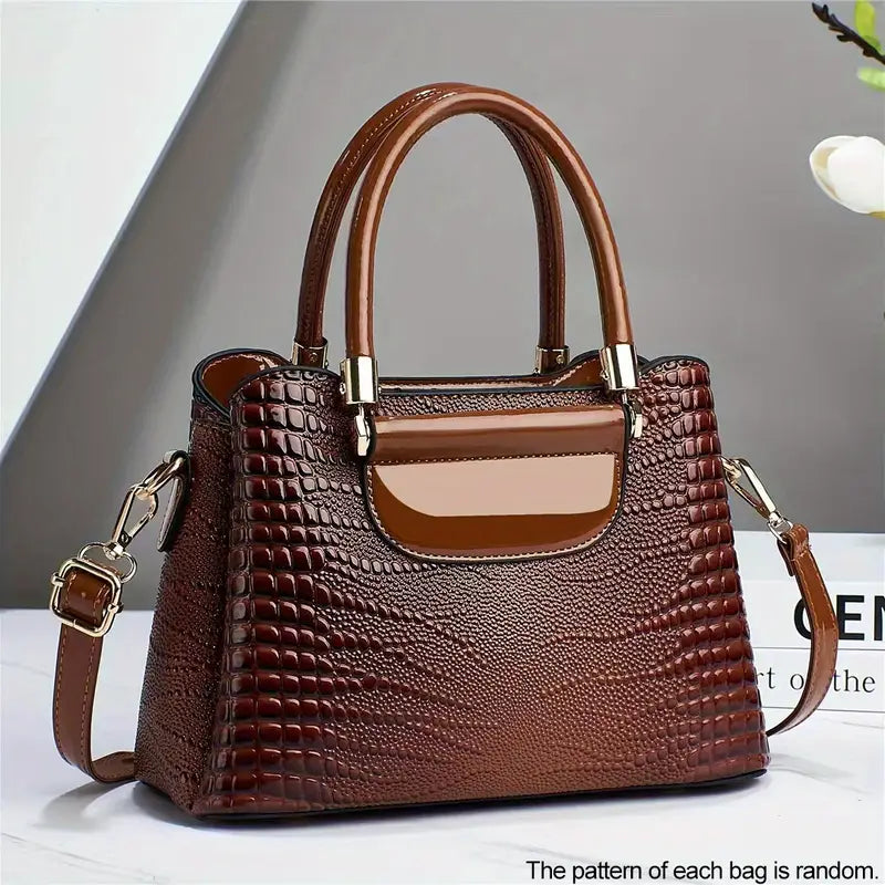 Bolsa elegante com padrão de crocodilo, bolsa feminina de PU, bolsa crossbody com alça superior