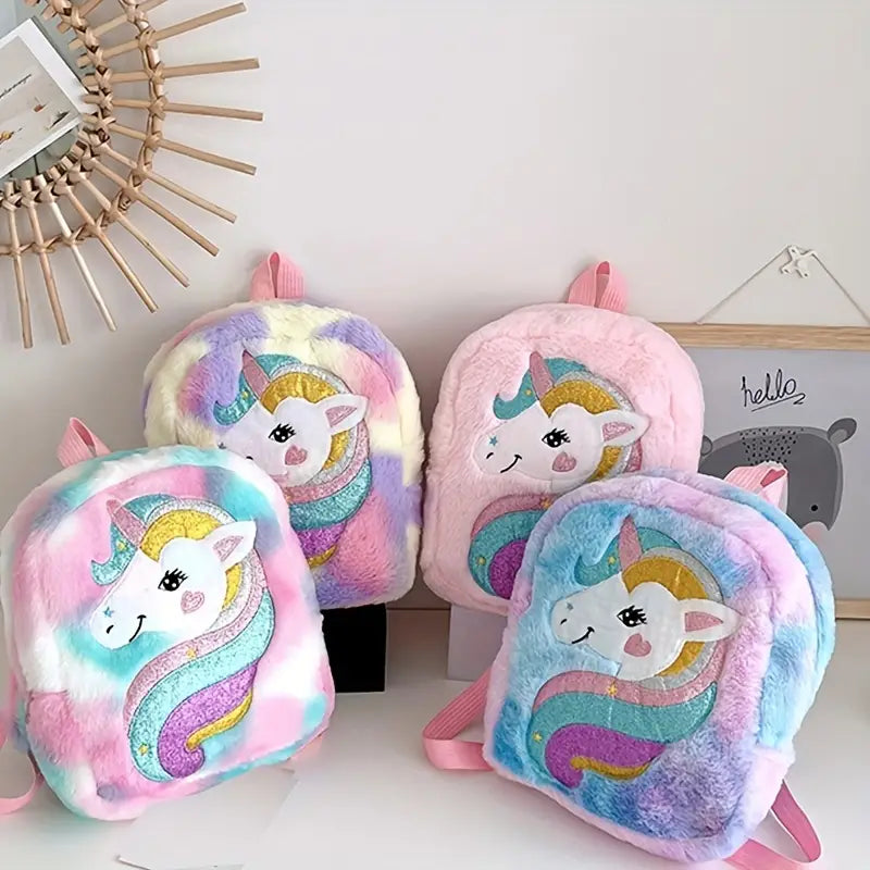 Mochila de unicórnio de pelúcia fofa, bolsa escolar de cor arco-íris