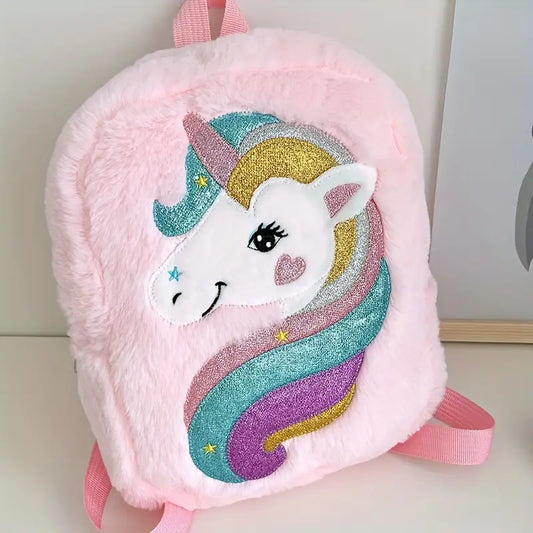 Mochila de unicórnio de pelúcia fofa, bolsa escolar de cor arco-íris