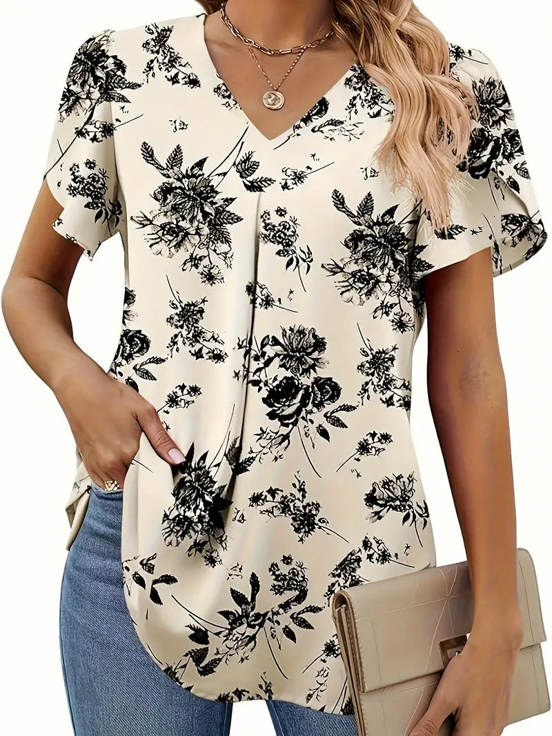 Blusa com estampa floral com decote em V, blusa casual manga pétala