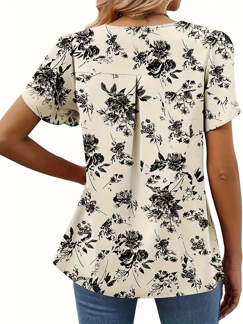 Blusa com estampa floral com decote em V, blusa casual manga pétala