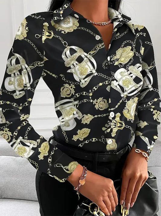 Camisa com estampa geométrica, camisa casual com gola virada para baixo, camisa frontal com botão de manga comprida,