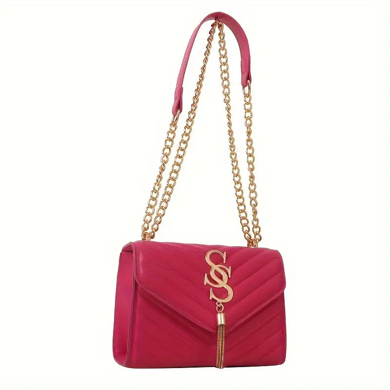 Bolsa crossbody com decoração de borla, bolsa quadrada pequena acolchoada feminina