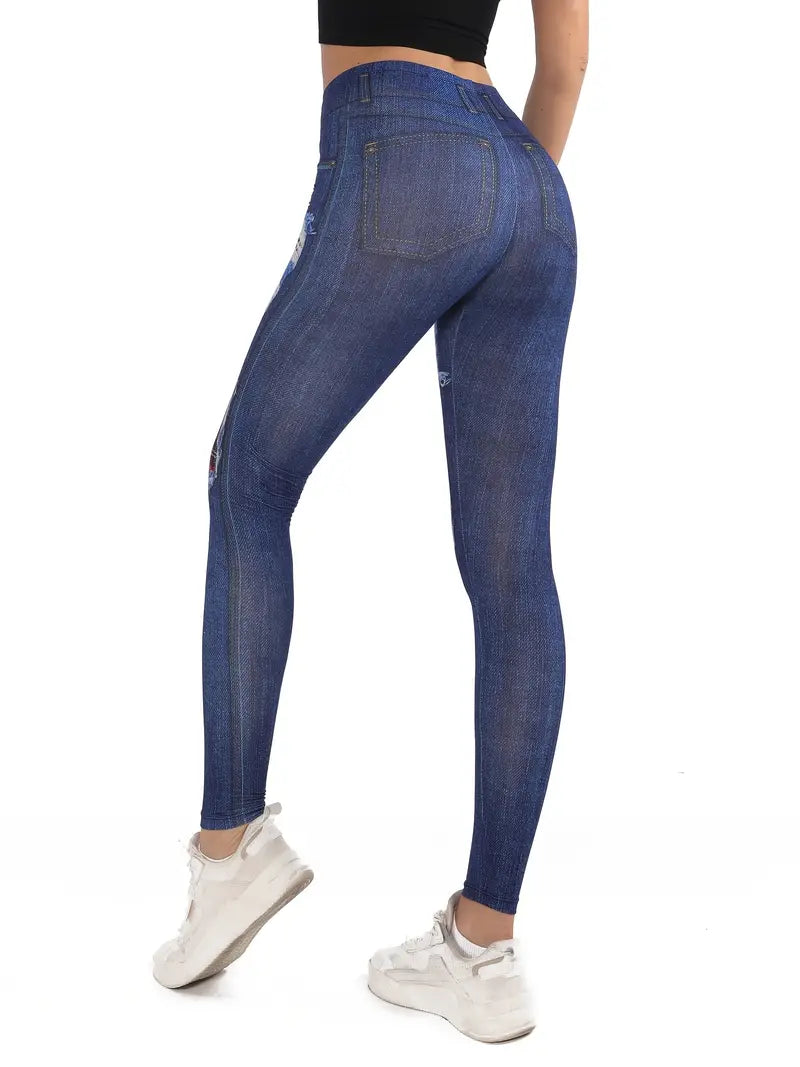 Calça colante jeans com estampas