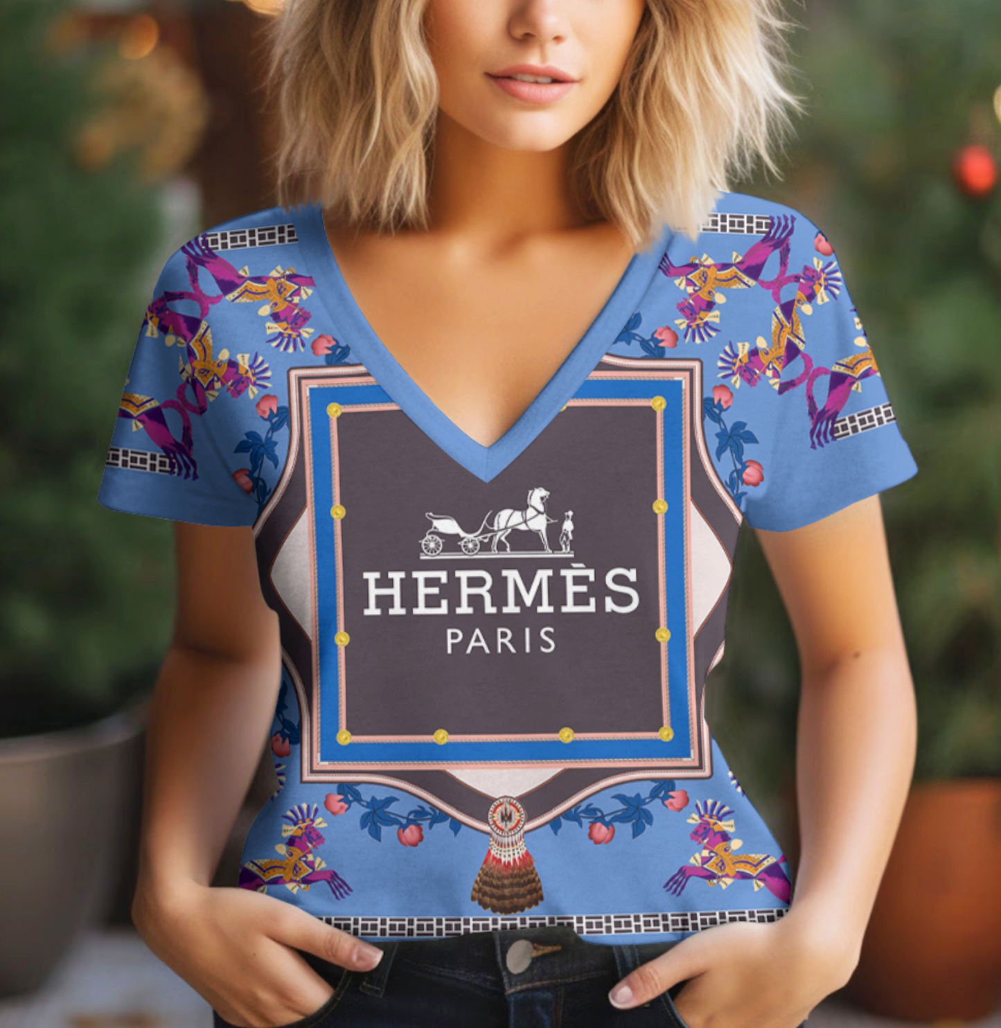 Camiseta Feminina gola V HERMÊS;