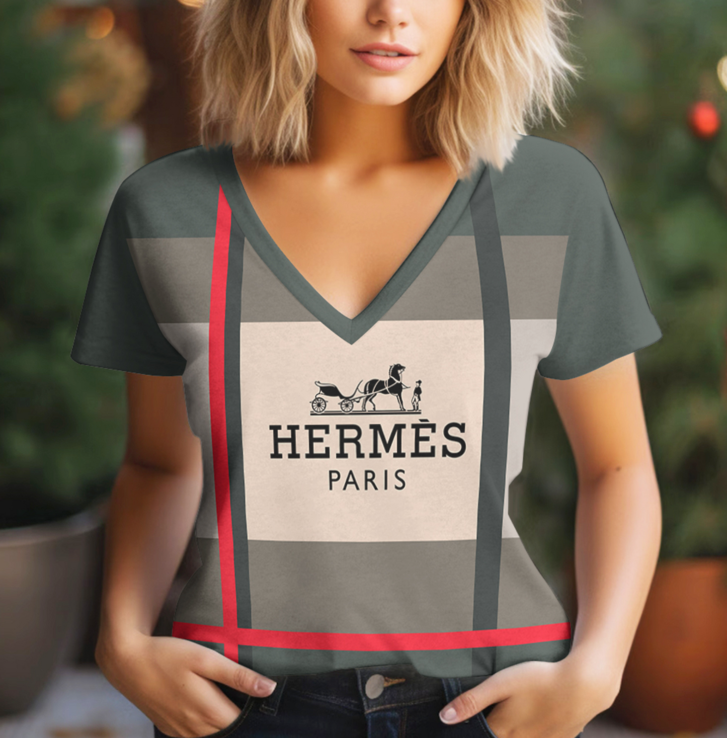 Camiseta Feminina gola V HERMÊS;