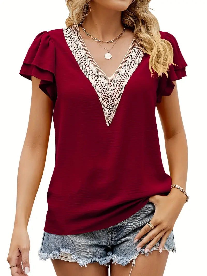 Camiseta de renda com contraste sólido, camiseta casual com decote em V