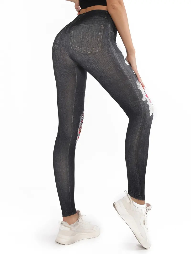 Calça colante jeans com estampas