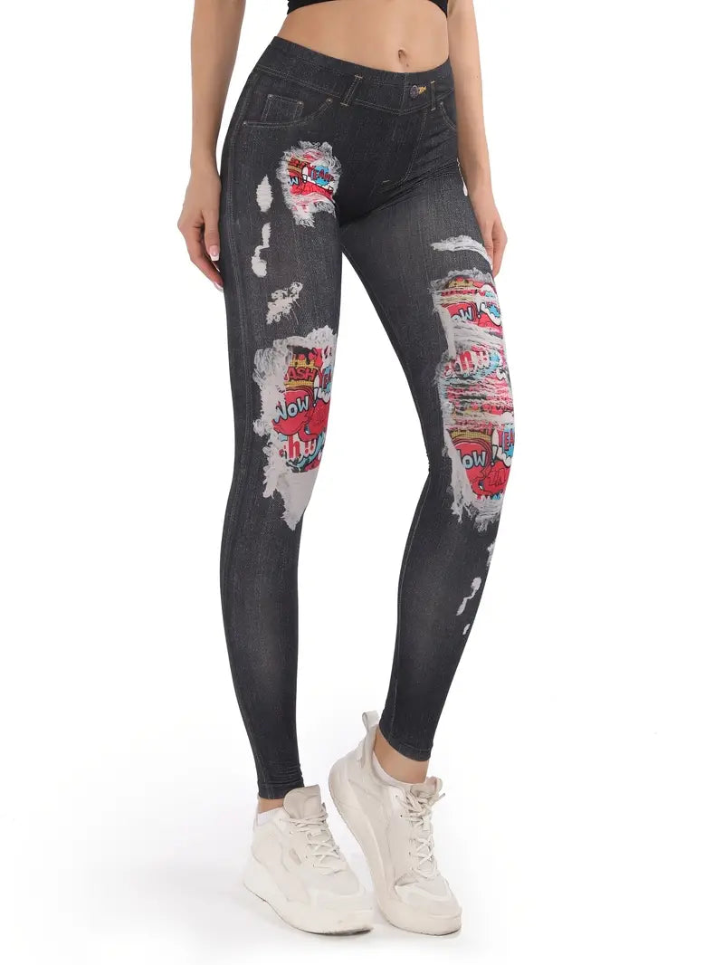 Calça colante jeans com estampas