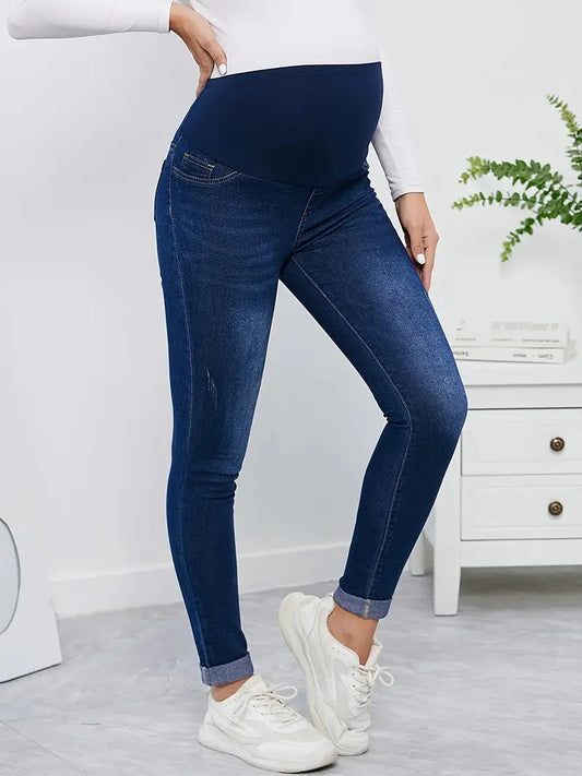 Calça jeans feminina confortável e elástica para gestate, cintura alta, suporte para barriga,