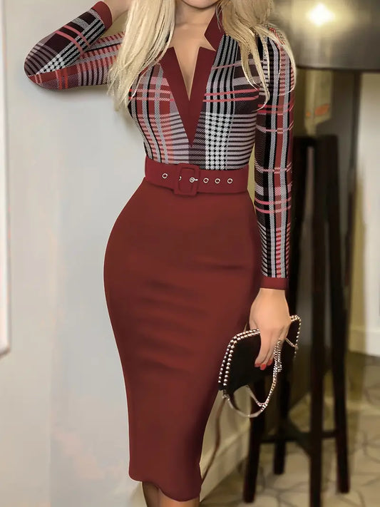 Vestido xadrez com decote em V e cinto, vestido elegante de manga comprida bodycon