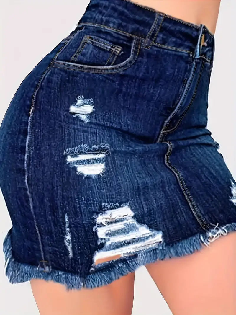 Saia jeans bodycon  com bainha rasgada, cintura alta, elástico médio,com acabamento desfiado