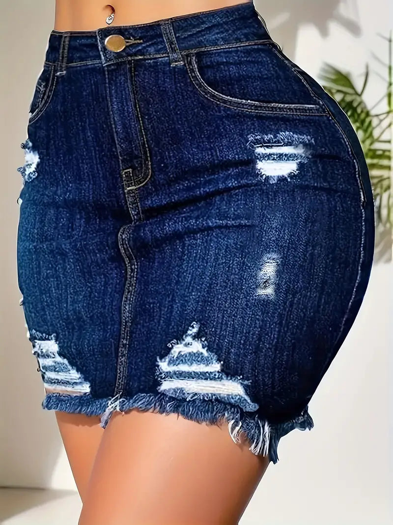 Saia jeans bodycon  com bainha rasgada, cintura alta, elástico médio,com acabamento desfiado