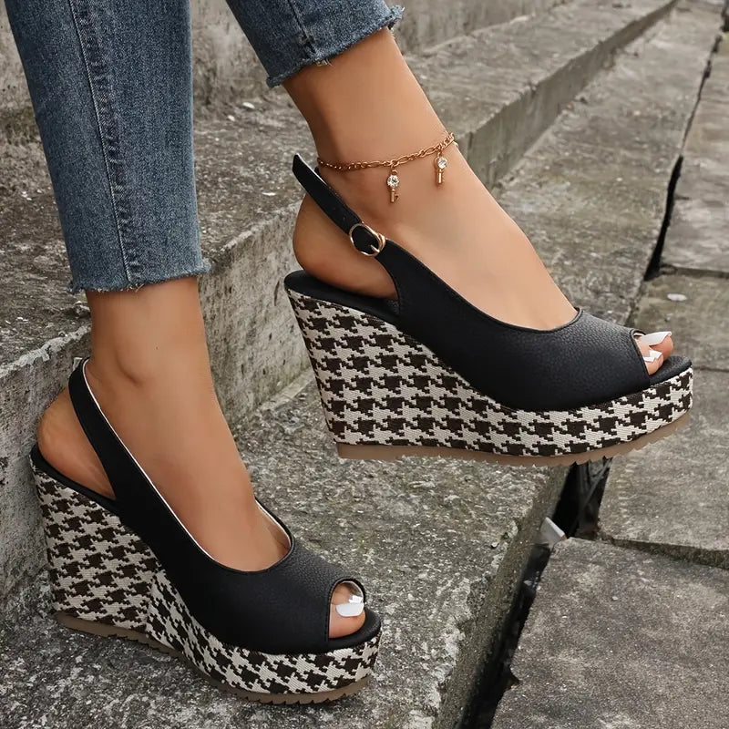 Sandálias plataforma Houndstooth femininas com fivela de cor sólida e tira no tornozelo