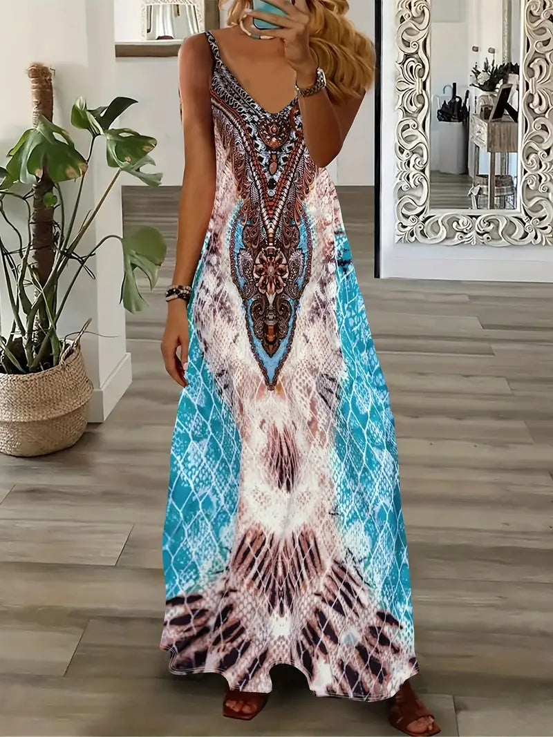 Vestido com estampa gráfica, vestido sexy com decote em V e alças finas sem mangas