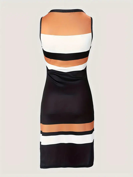 Vestido regata listrado em bloco colorido, vestido casual de verão sem mangas