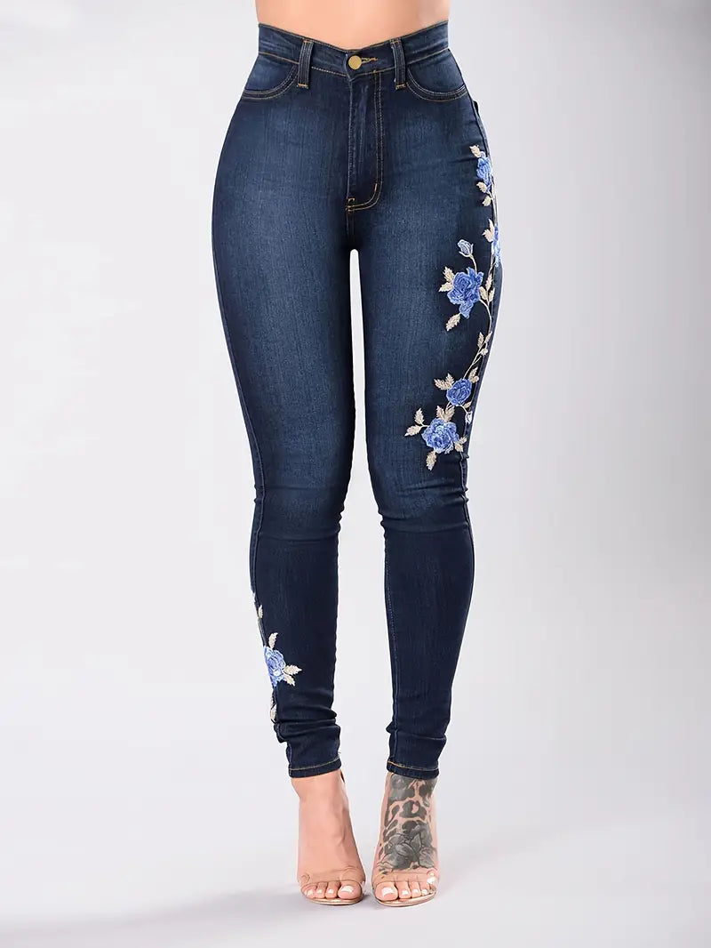 Calça jeans skinny com bordado floral azul, fecho de botão com zíper, calça jeans elegante de estiramento médio