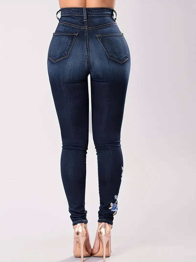 Calça jeans skinny com bordado floral azul, fecho de botão com zíper, calça jeans elegante de estiramento médio