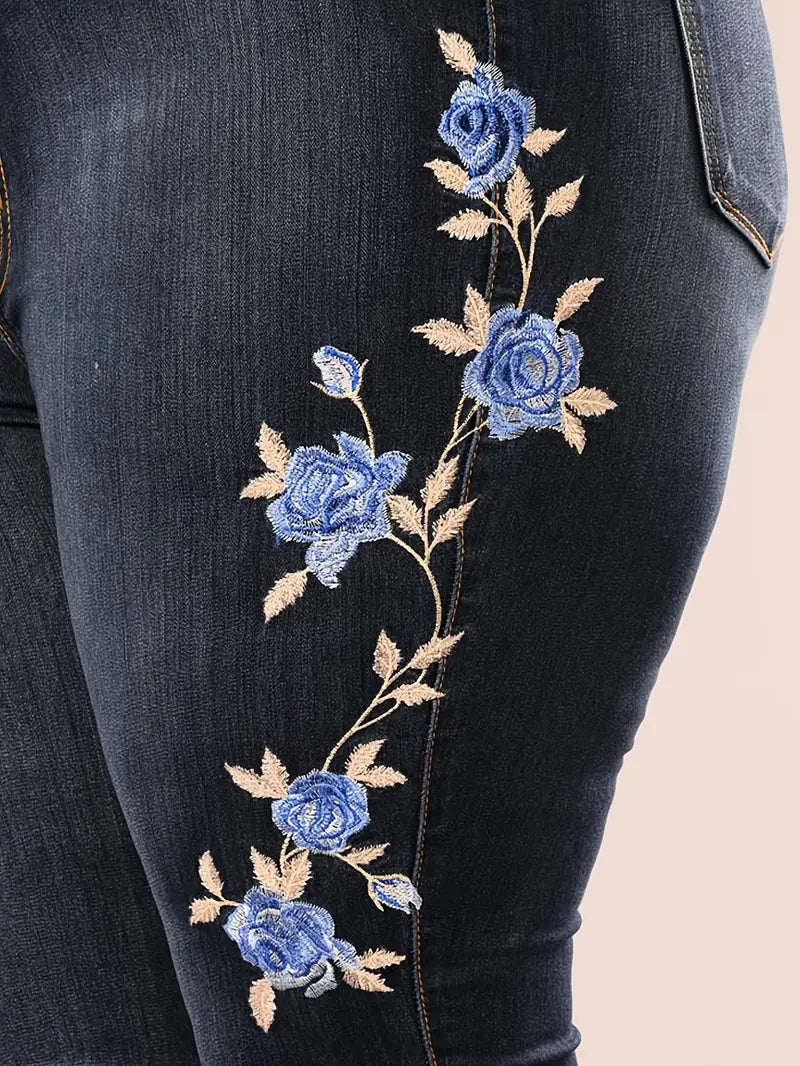 Calça jeans skinny com bordado floral azul, fecho de botão com zíper, calça jeans elegante de estiramento médio